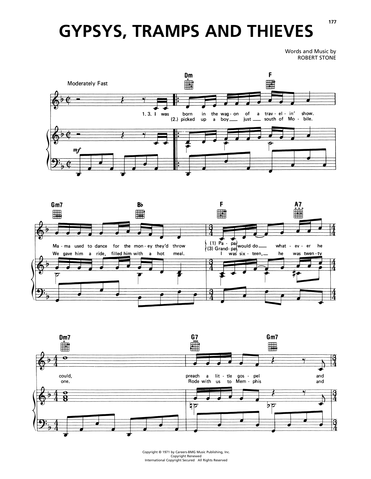 Cher Gypsys, Tramps And Thieves sheet music notes and chords arranged for Piano, Vocal & Guitar Chords (Right-Hand Melody)