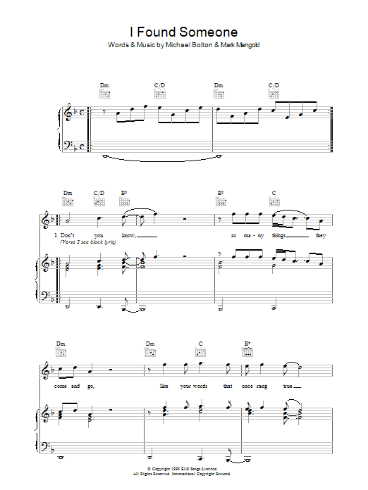 Cher I Found Someone sheet music notes and chords arranged for Piano, Vocal & Guitar Chords