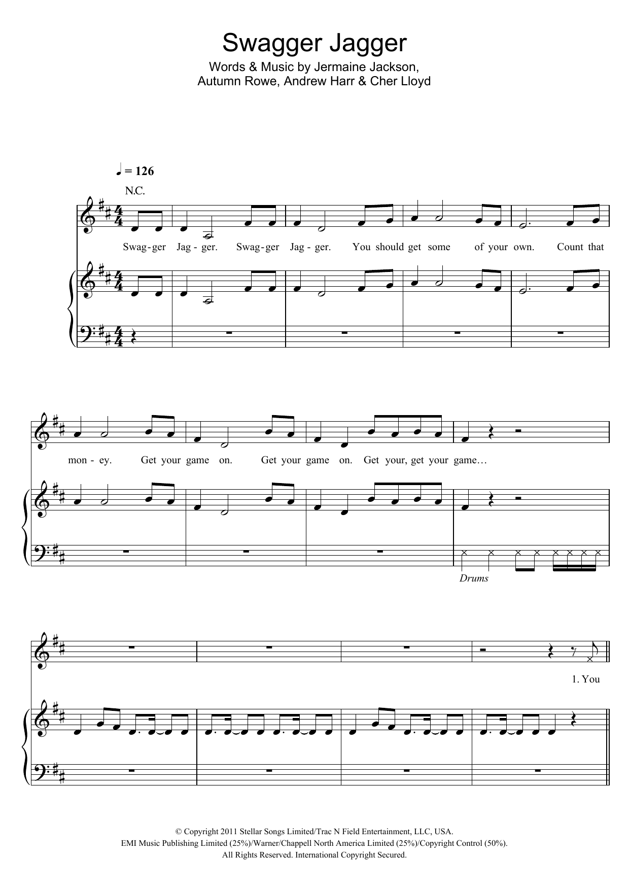 Cher Lloyd Swagger Jagger sheet music notes and chords arranged for Piano, Vocal & Guitar Chords