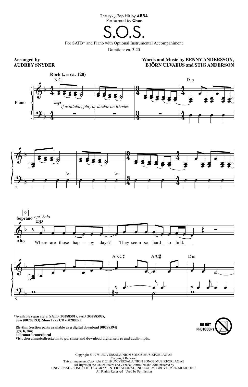 Cher S.O.S. (arr. Audrey Snyder) sheet music notes and chords arranged for SATB Choir