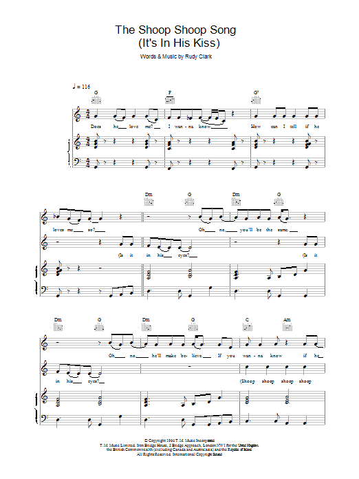 Cher The Shoop Shoop Song  (It's In His Kiss) sheet music notes and chords arranged for Piano, Vocal & Guitar Chords