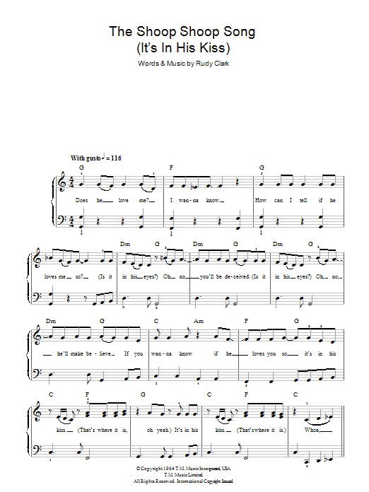 Cher The Shoop Shoop Song (It's In His Kiss) sheet music notes and chords arranged for Easy Piano