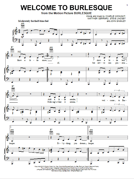 Cher Welcome To Burlesque sheet music notes and chords arranged for Piano, Vocal & Guitar Chords (Right-Hand Melody)
