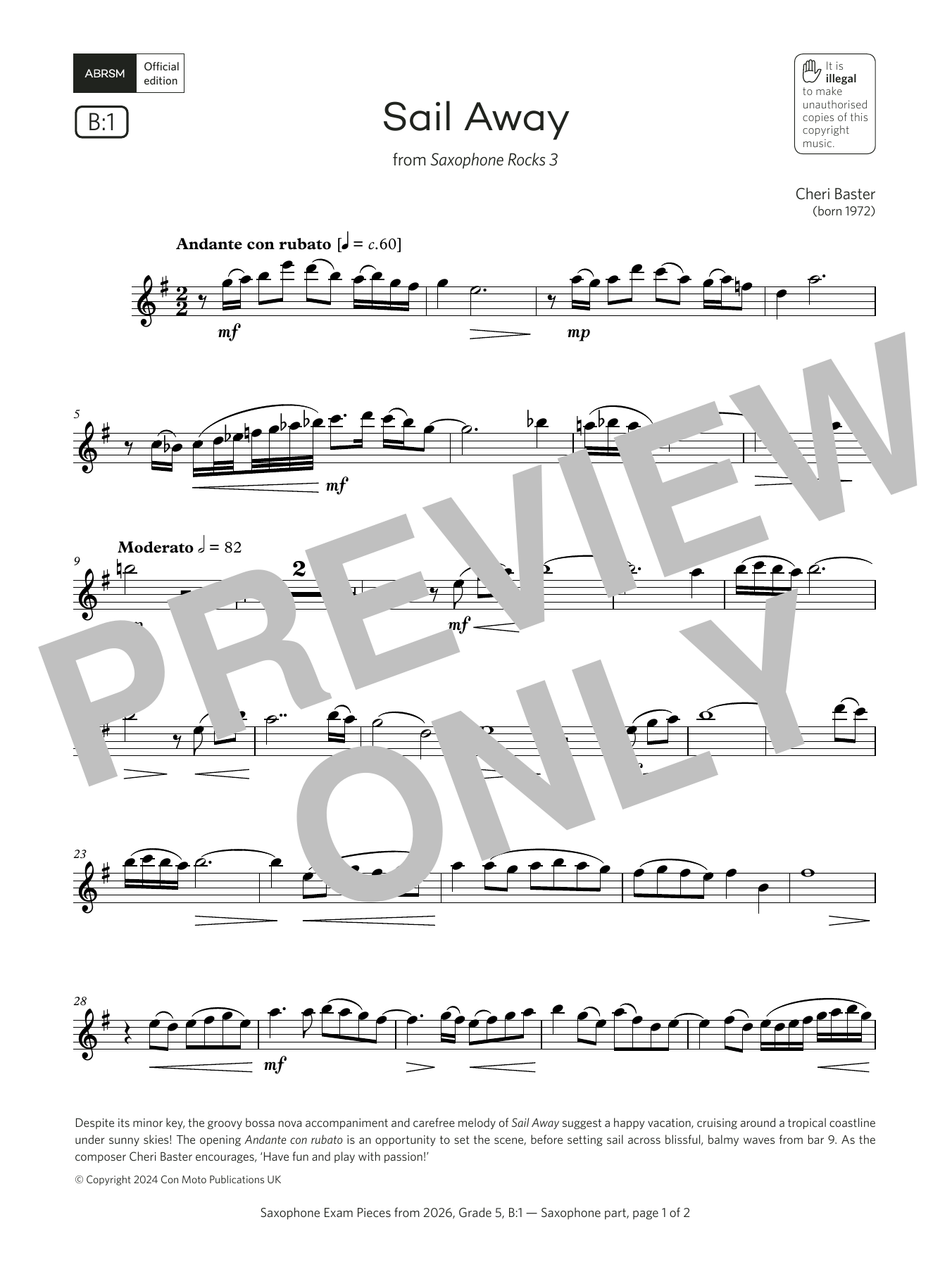 Cheri Baster Sail Away (Grade 5, list B1, from the ABRSM Saxophone Syllabus from 2026) sheet music notes and chords arranged for Alto Sax Solo