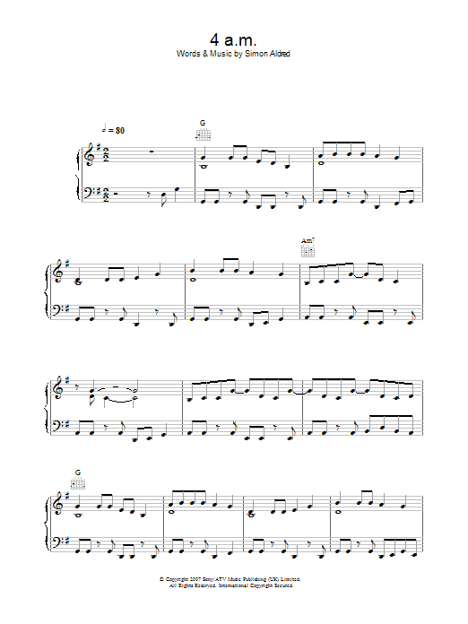 Cherry Ghost 4am sheet music notes and chords arranged for Piano, Vocal & Guitar Chords