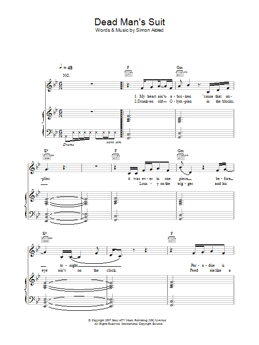 Cherry Ghost Dead Man's Suit sheet music notes and chords arranged for Piano, Vocal & Guitar Chords