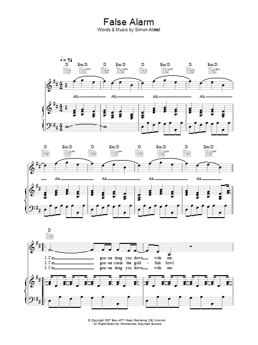 Cherry Ghost False Alarm sheet music notes and chords arranged for Piano, Vocal & Guitar Chords