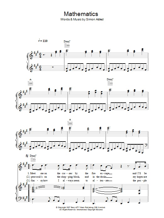 Cherry Ghost Mathematics sheet music notes and chords arranged for Piano, Vocal & Guitar Chords
