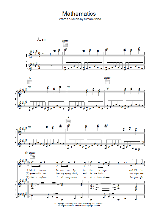 Cherry Ghost Mathematics sheet music notes and chords arranged for Guitar Chords/Lyrics
