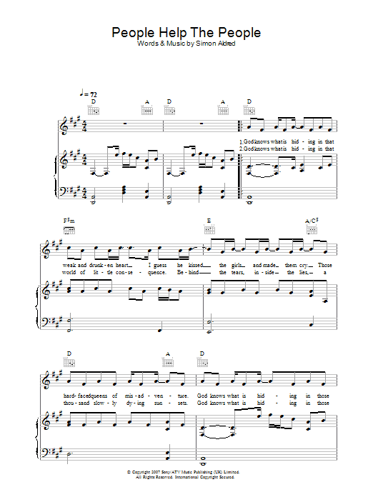 Cherry Ghost People Help The People sheet music notes and chords arranged for Piano, Vocal & Guitar Chords