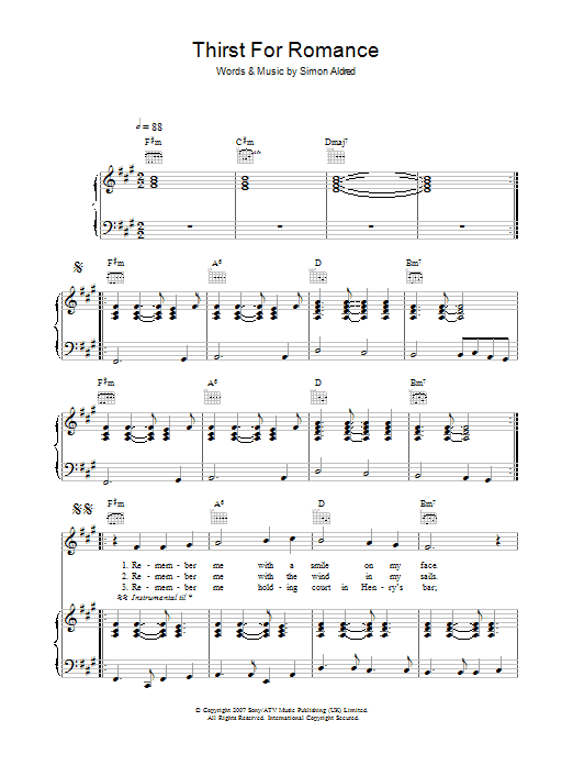 Cherry Ghost Thirst For Romance sheet music notes and chords arranged for Piano, Vocal & Guitar Chords