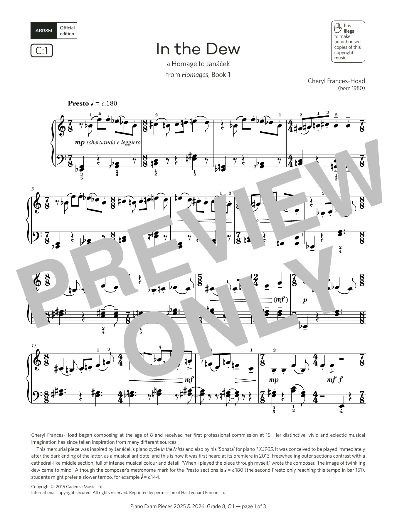 Cheryl Frances-Hoad In the Dew (Grade 8, list C1, from the ABRSM Piano Syllabus 2025 & 2026) sheet music notes and chords arranged for Piano Solo