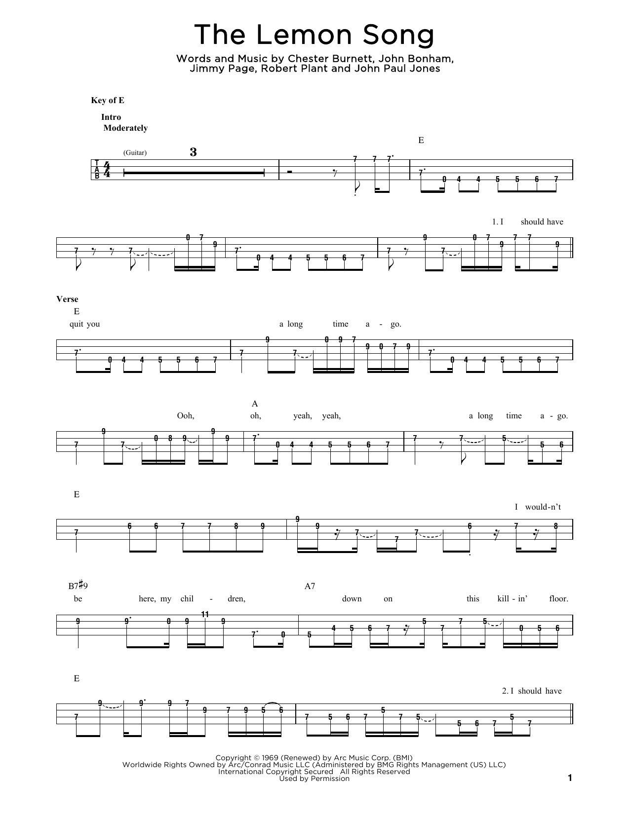 Chester Burnett The Lemon Song sheet music notes and chords arranged for Easy Bass Tab