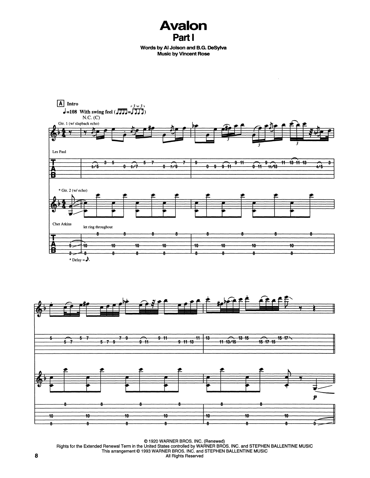 Chet Atkins Avalon sheet music notes and chords arranged for Guitar Tab