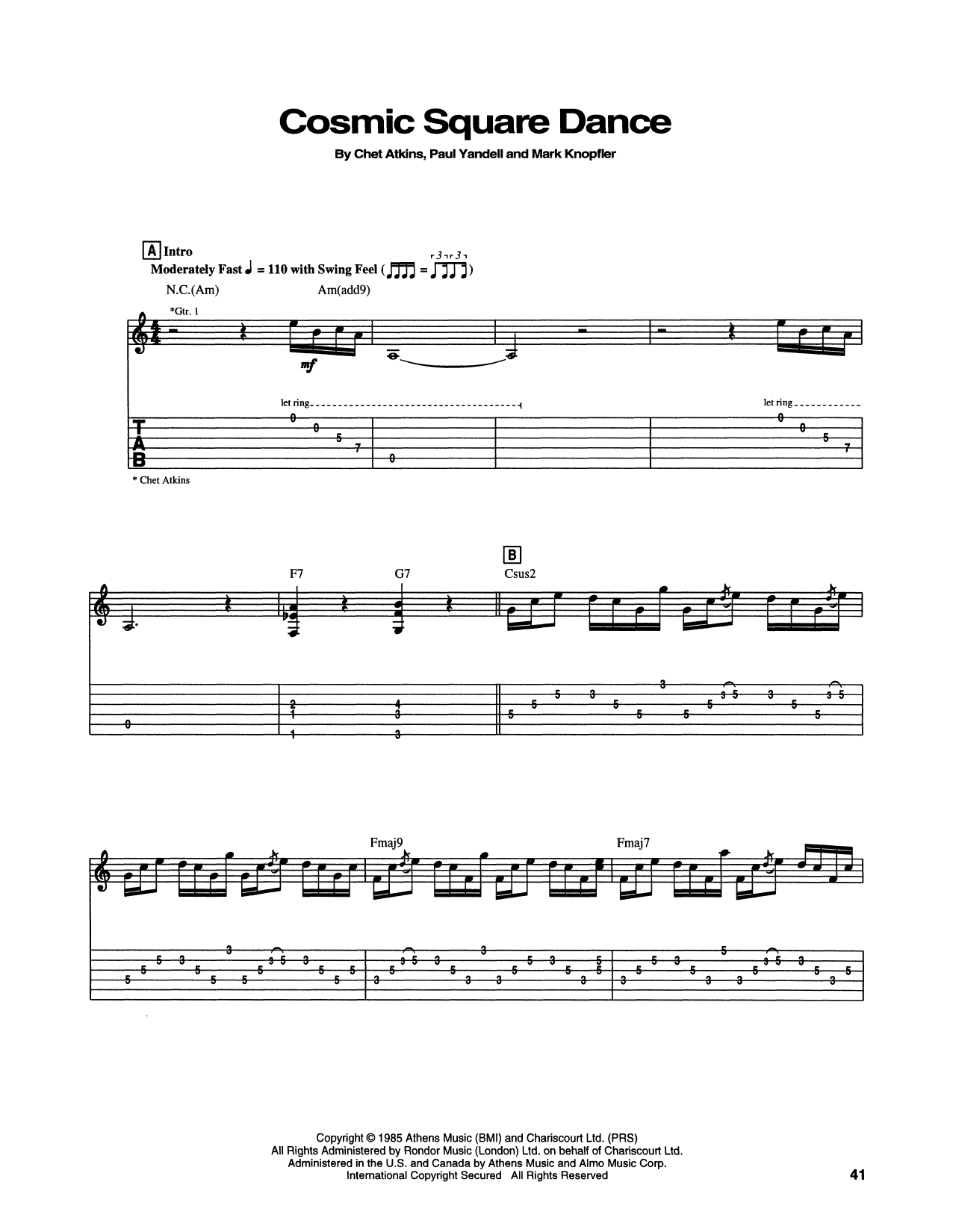 Chet Atkins Cosmic Square Dance sheet music notes and chords arranged for Guitar Tab