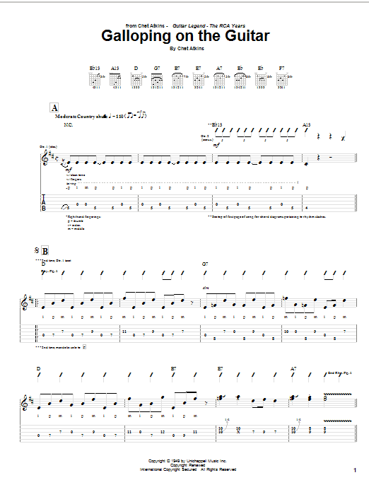 Chet Atkins Galloping On The Guitar sheet music notes and chords arranged for Guitar Tab (Single Guitar)