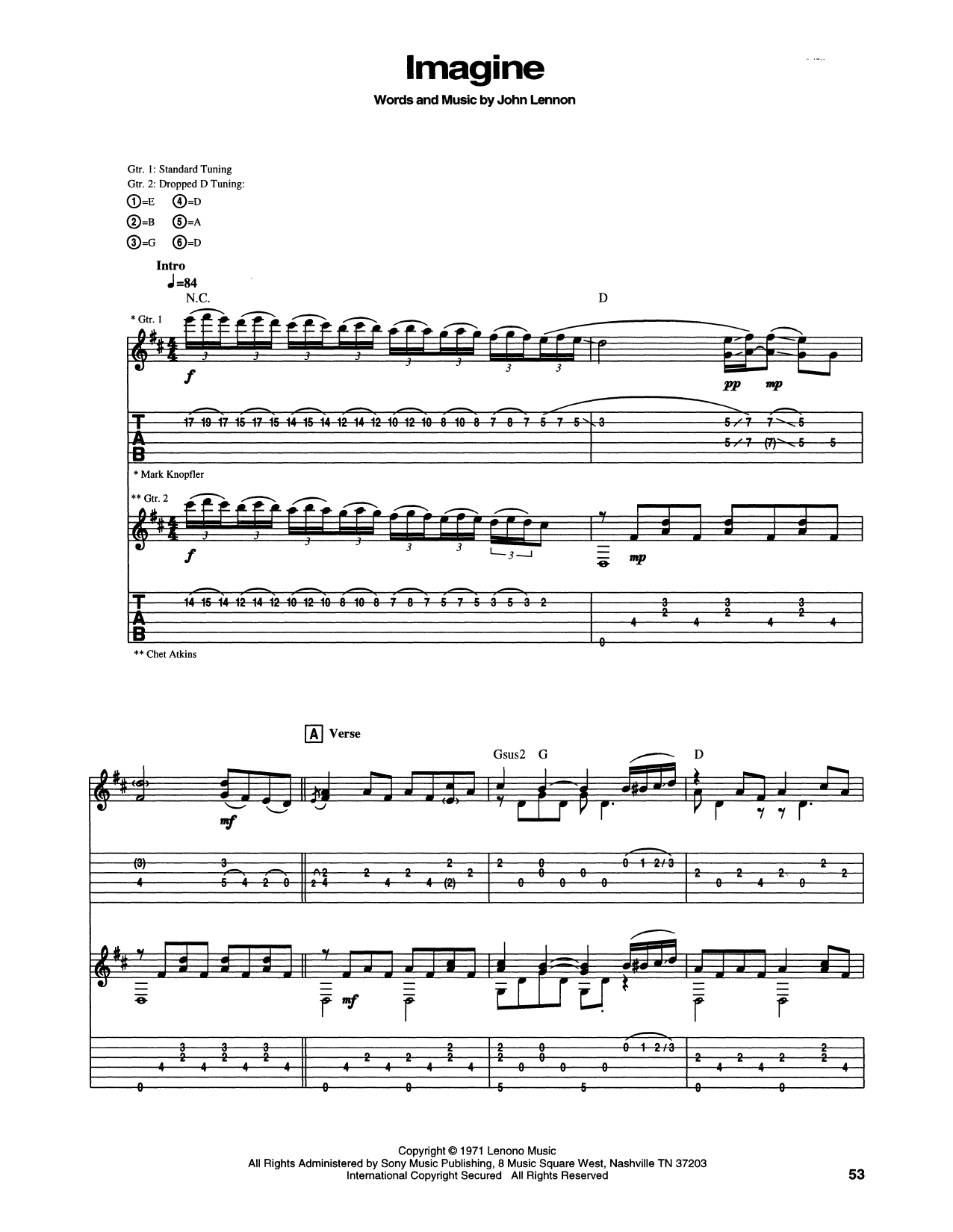 Chet Atkins Imagine sheet music notes and chords arranged for Guitar Tab