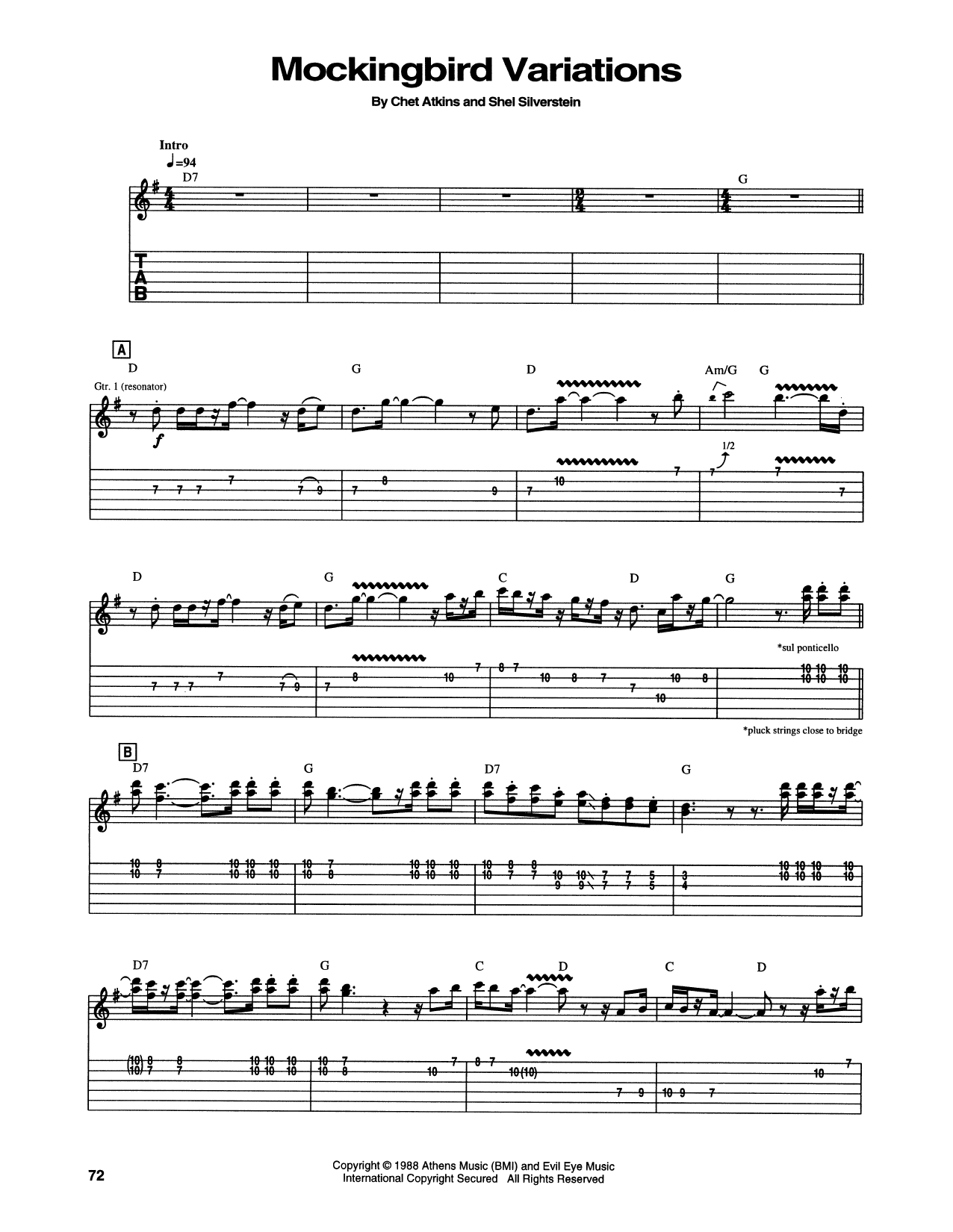 Chet Atkins Mockingbird Variations sheet music notes and chords arranged for Guitar Tab