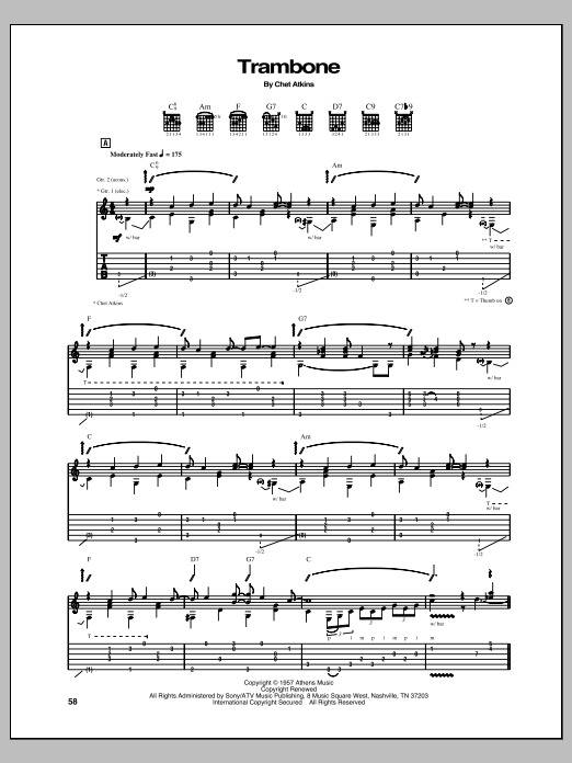 Chet Atkins Trambone sheet music notes and chords arranged for Guitar Tab (Single Guitar)