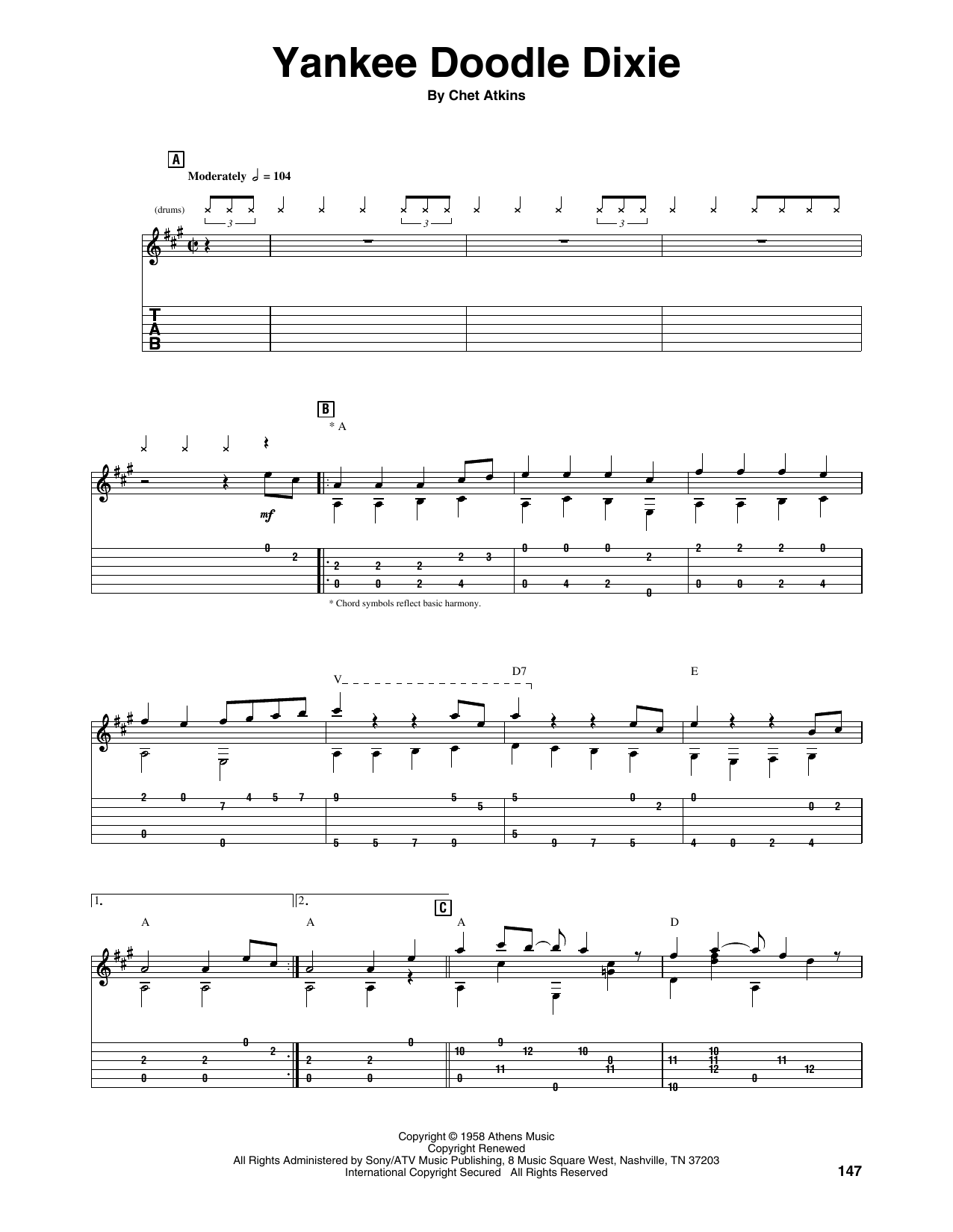 Chet Atkins Yankee Doodle Dixie sheet music notes and chords arranged for Guitar Tab