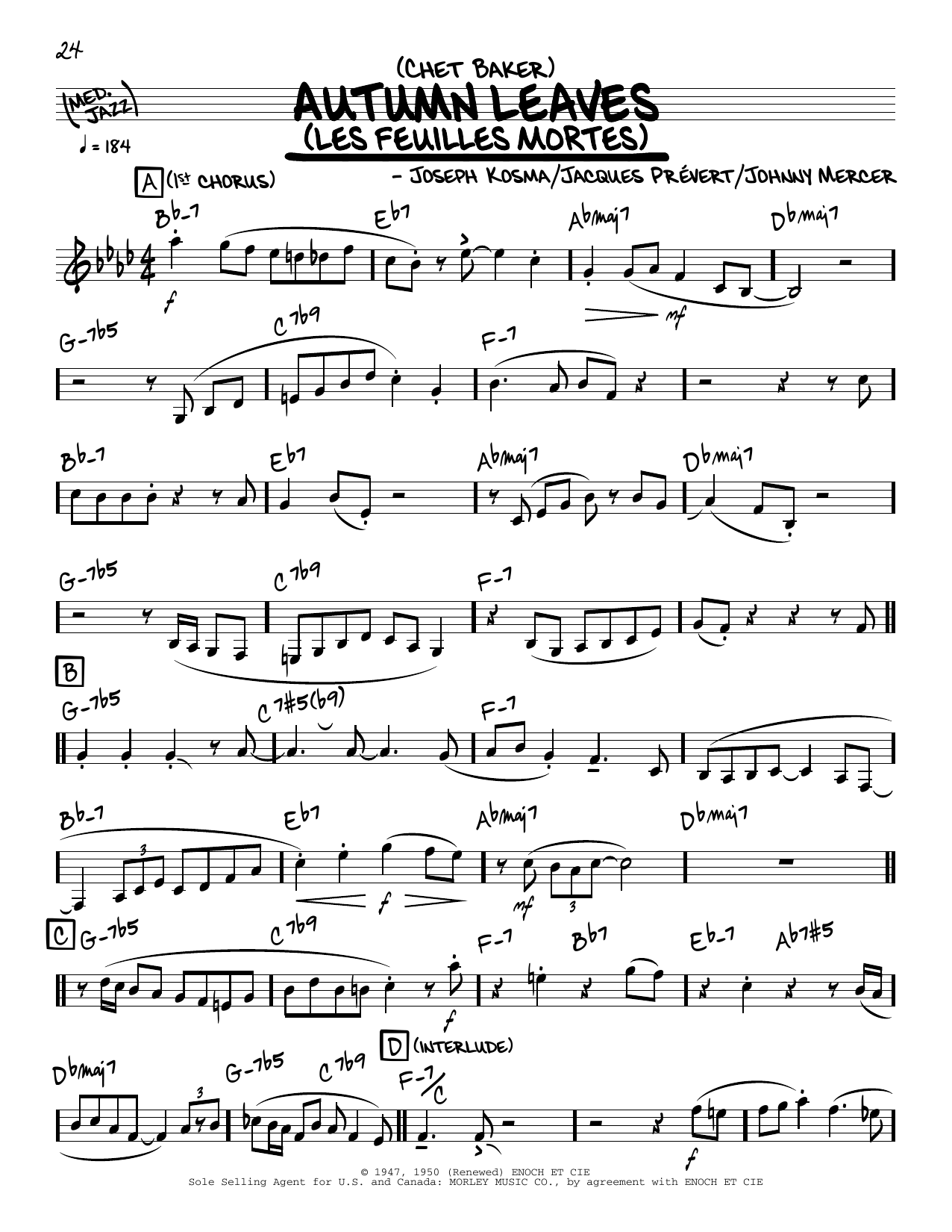 Chet Baker Autumn Leaves (solo only) sheet music notes and chords arranged for Real Book – Melody & Chords