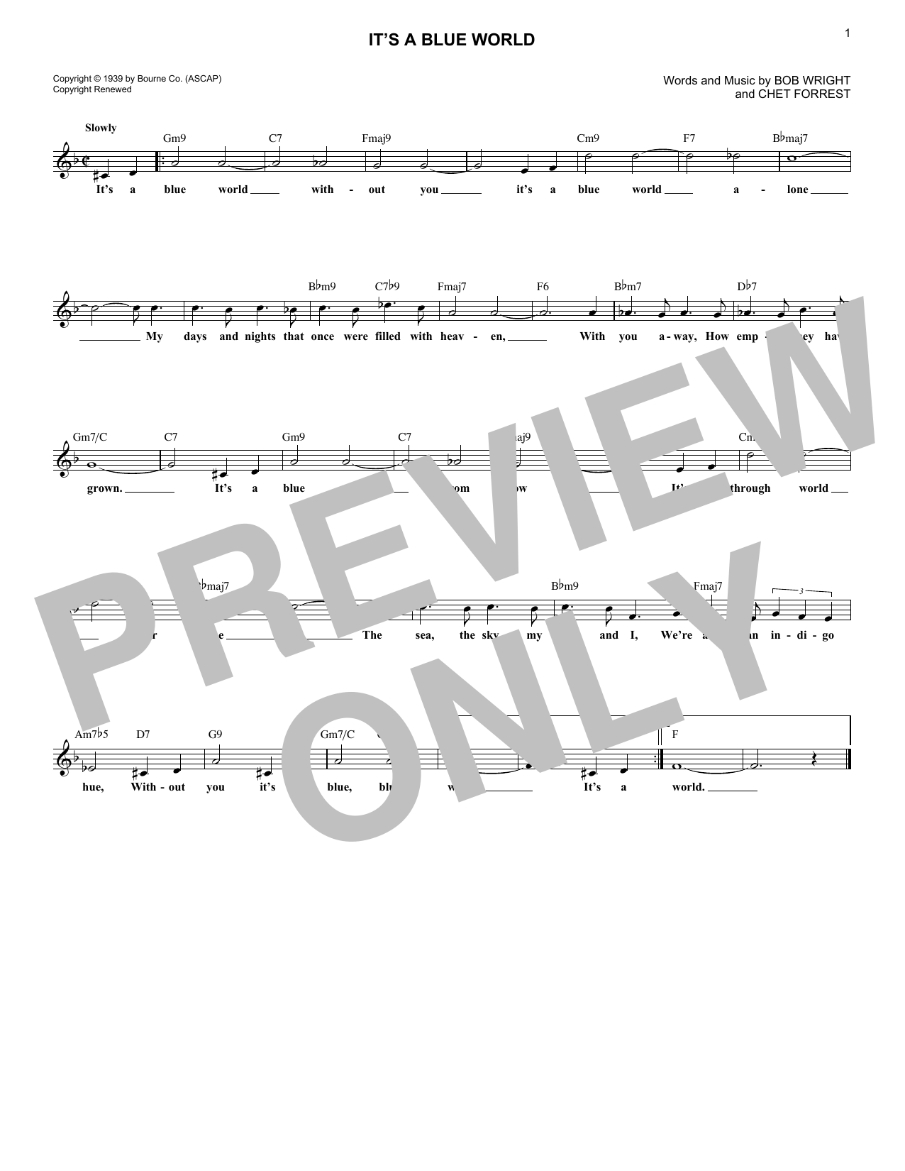 Chet Forrest It's A Blue World sheet music notes and chords arranged for Lead Sheet / Fake Book