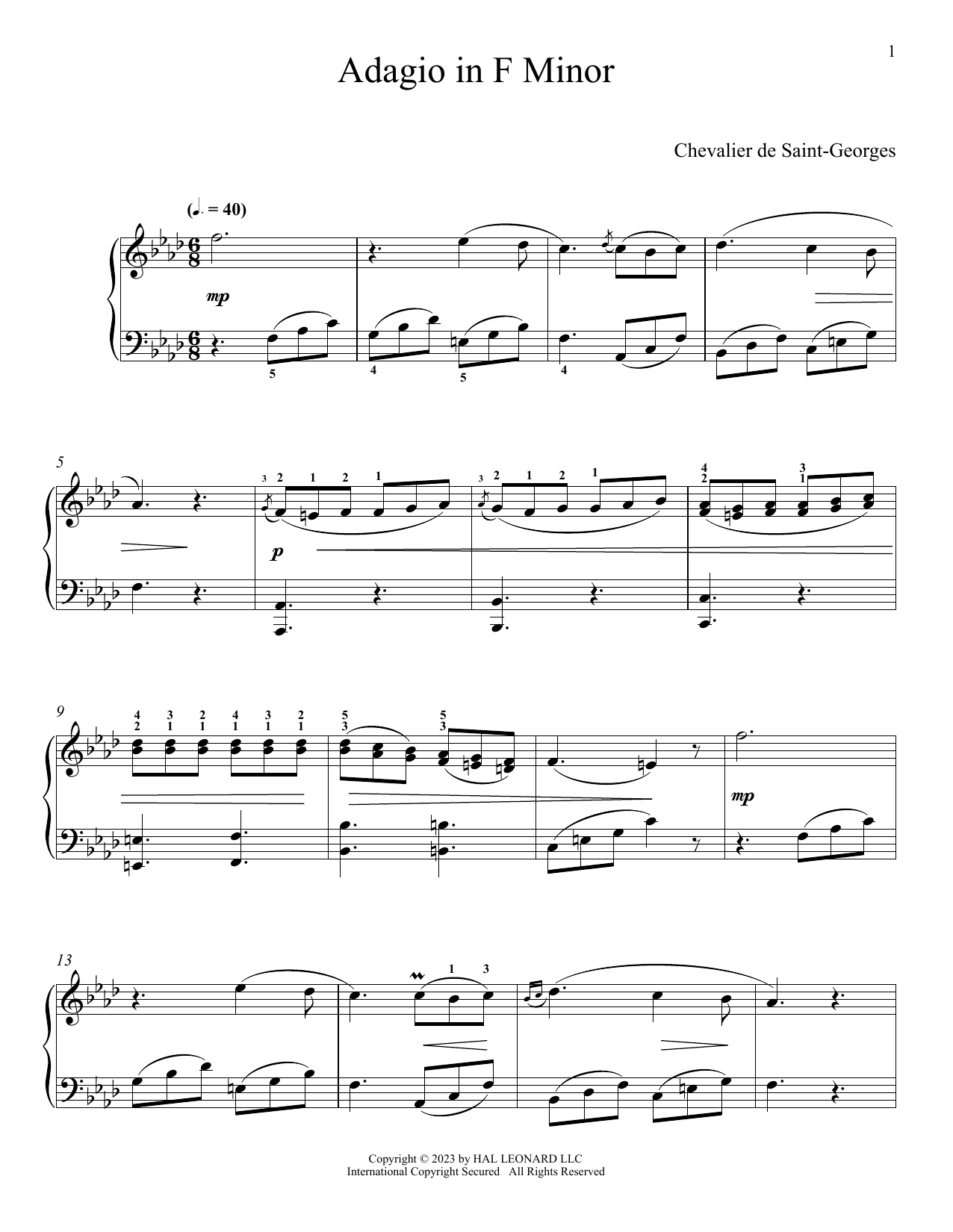 Chevalier de Saint-Georges Adagio In F Minor sheet music notes and chords arranged for Piano Solo