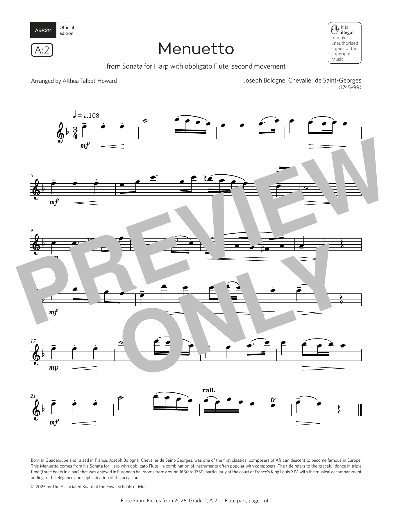 Chevalier de Saint-Georges Menuetto (Grade 2, list A2, from the ABRSM Flute Syllabus from 2026) sheet music notes and chords arranged for Flute Solo