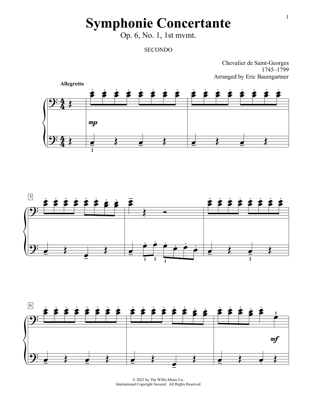 Chevalier de Saint-Georges Symphonie Concertante, Op. 6, No. 1, 1st Mvmt (arr. Eric Baumgartner) sheet music notes and chords arranged for Piano Duet