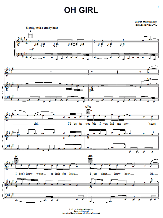 Chi-Lites Oh Girl sheet music notes and chords arranged for Piano, Vocal & Guitar Chords (Right-Hand Melody)