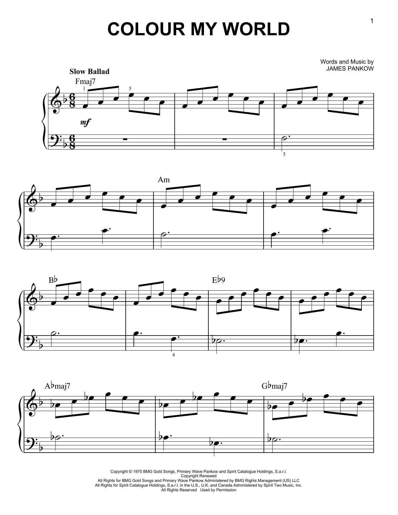 Chicago Colour My World sheet music notes and chords arranged for Easy Piano