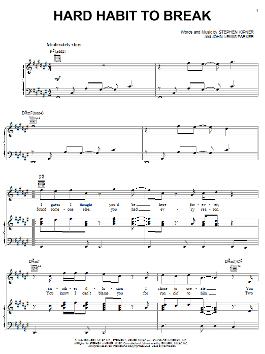 Chicago Hard Habit To Break sheet music notes and chords arranged for Piano, Vocal & Guitar Chords (Right-Hand Melody)