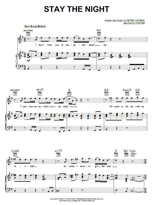 Chicago Stay The Night sheet music notes and chords arranged for Piano, Vocal & Guitar Chords (Right-Hand Melody)