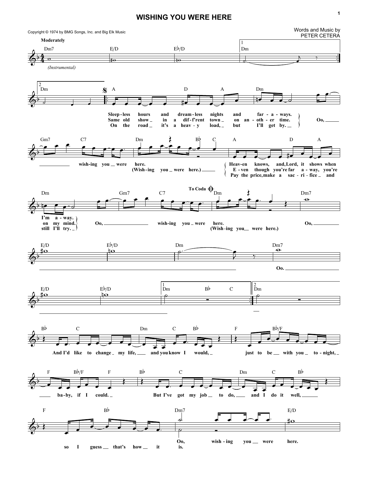 Chicago Wishing You Were Here sheet music notes and chords arranged for Lead Sheet / Fake Book