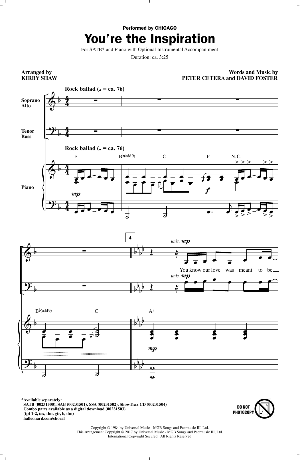 Chicago You're The Inspiration (arr. Kirby Shaw) sheet music notes and chords arranged for SATB Choir