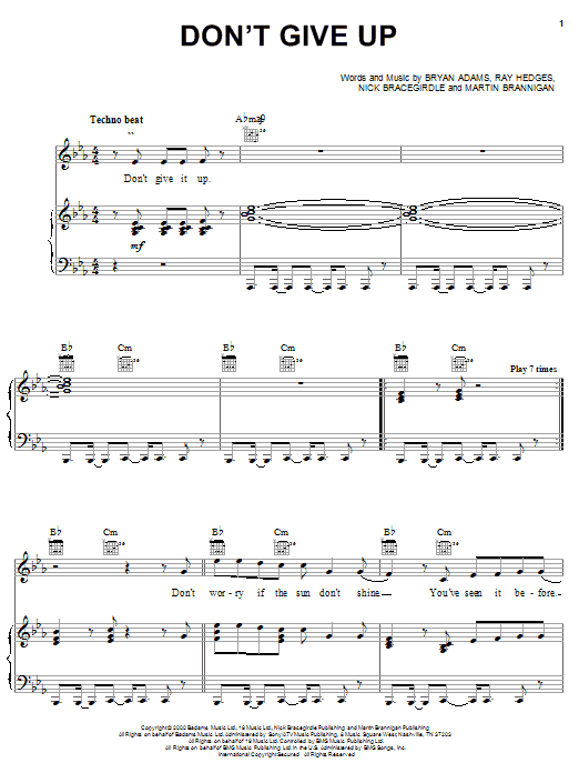 Bryan Adams Don't Give Up sheet music notes and chords arranged for Piano, Vocal & Guitar Chords (Right-Hand Melody)
