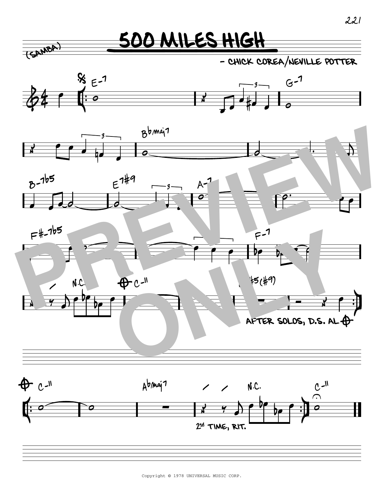 Chick Corea 500 Miles High sheet music notes and chords arranged for Real Book – Melody & Chords – Eb Instruments