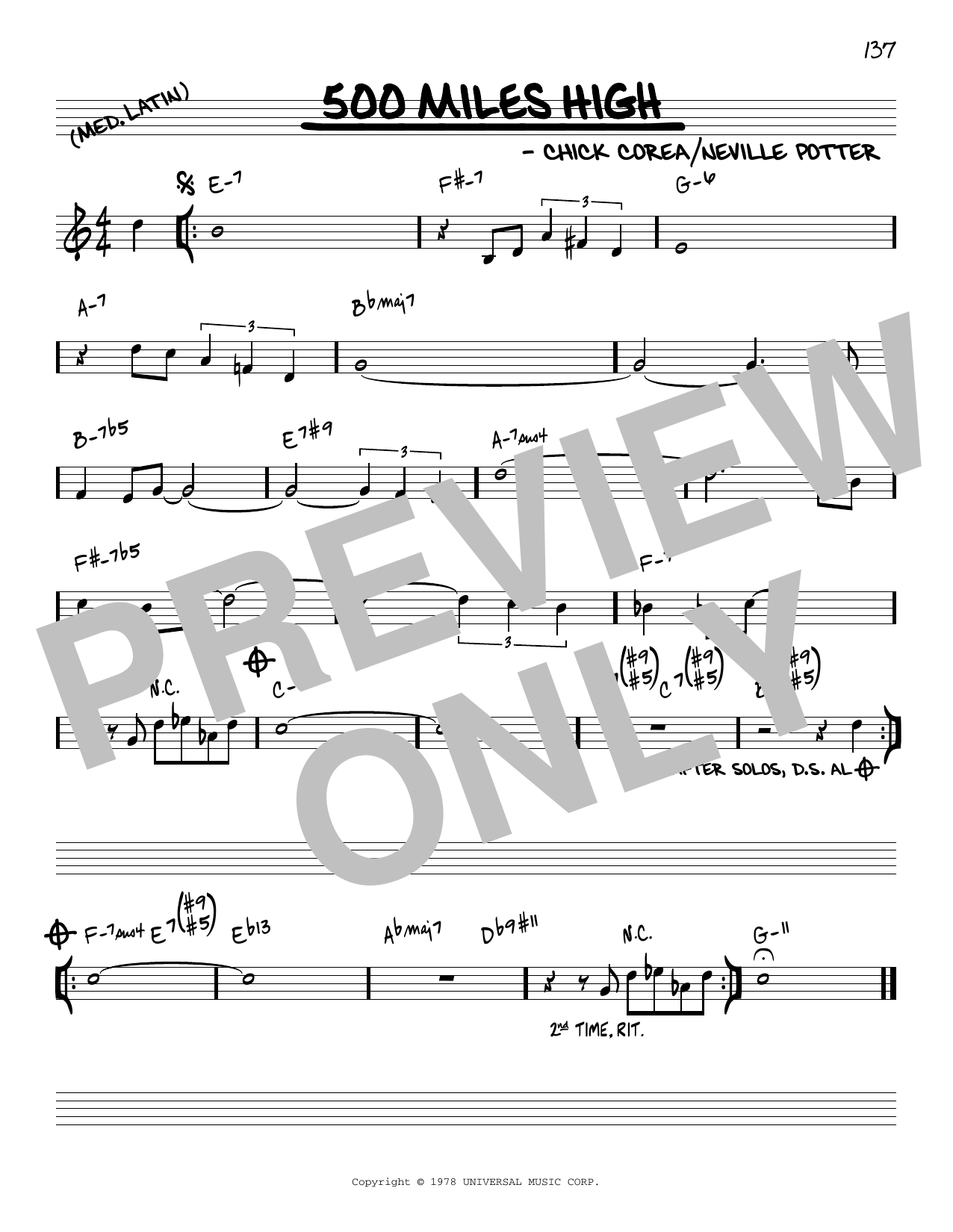 Chick Corea 500 Miles High [Reharmonized version] (arr. Jack Grassel) sheet music notes and chords arranged for Real Book – Melody & Chords