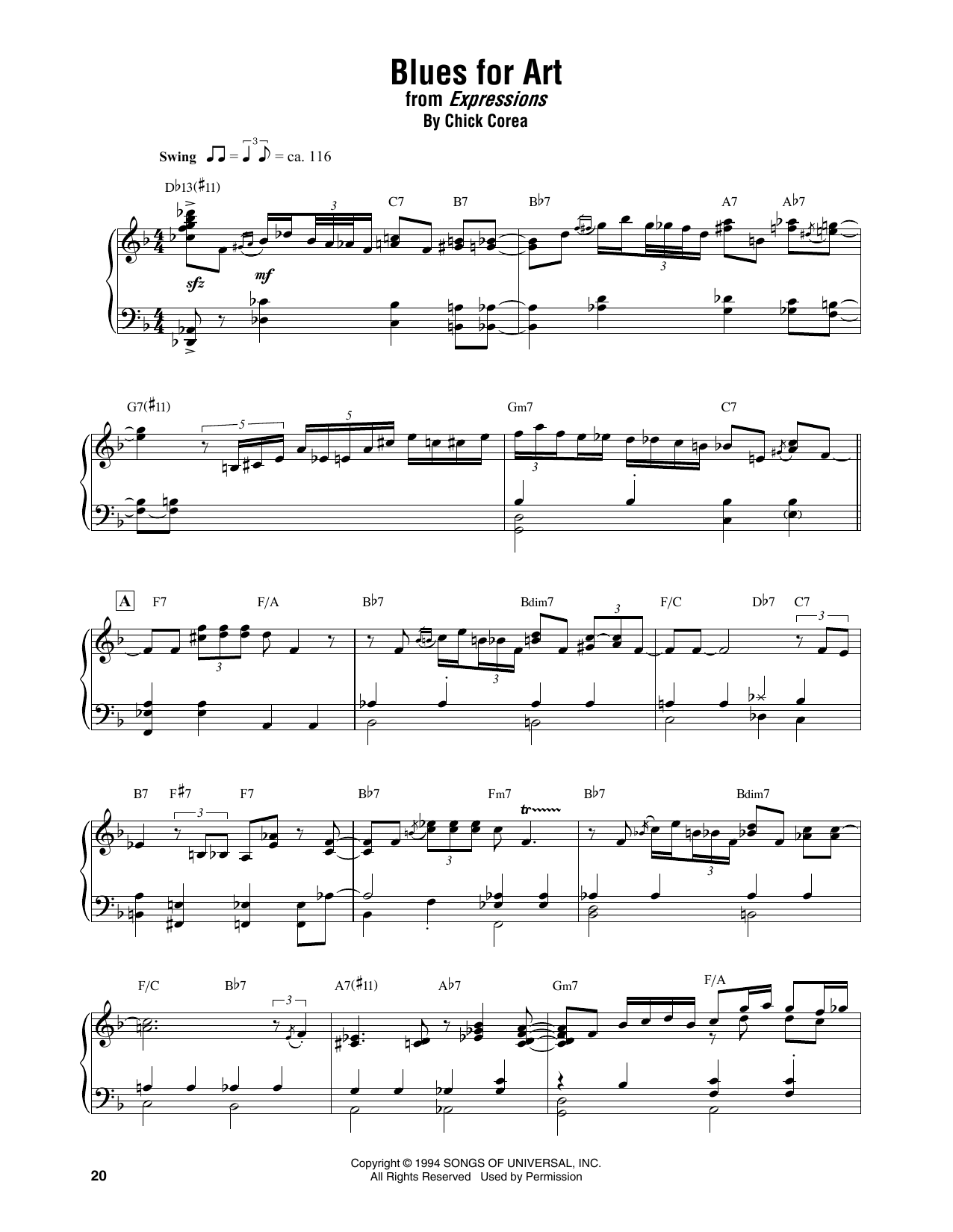 Chick Corea Blues For Art sheet music notes and chords arranged for Piano Transcription