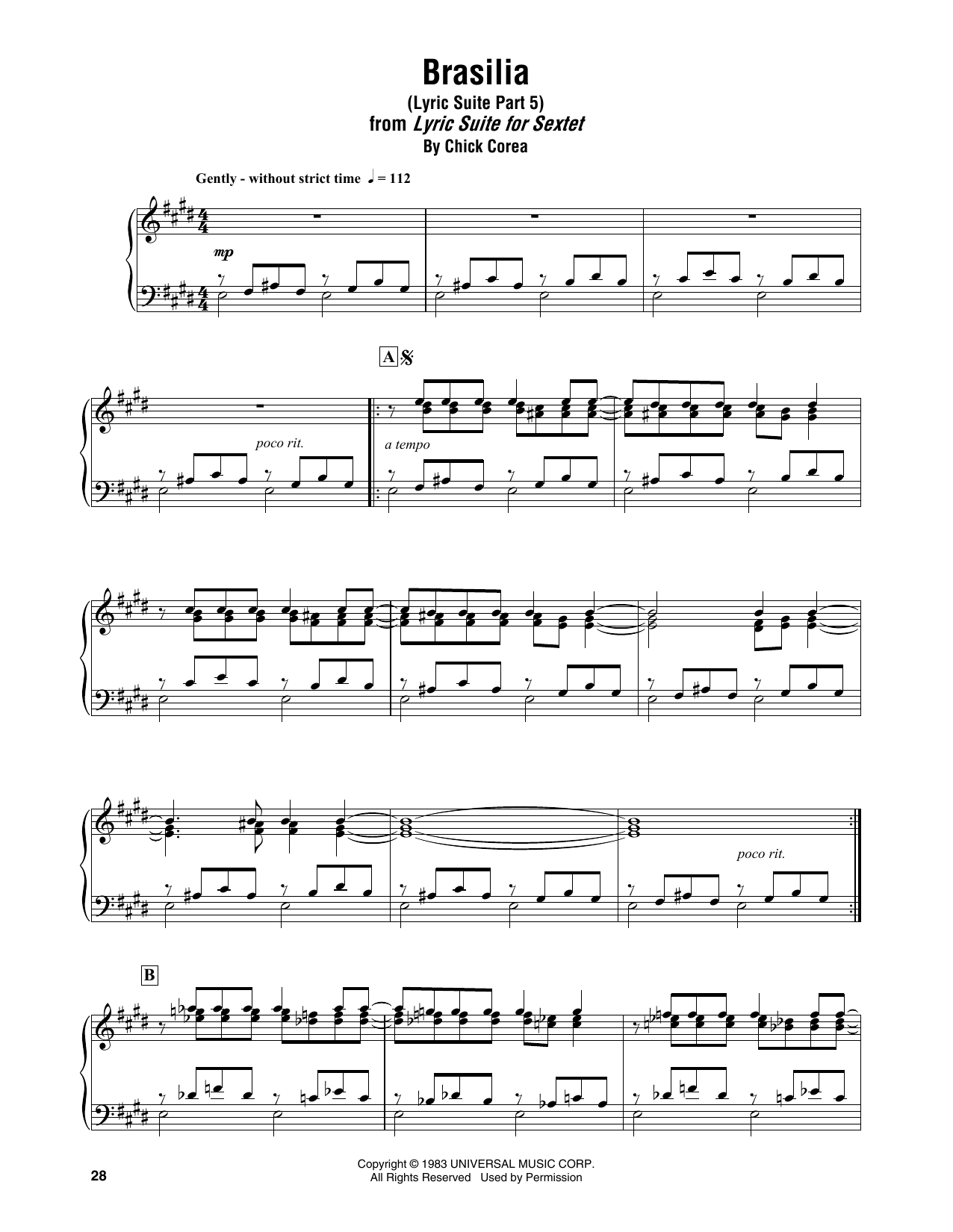 Chick Corea Brasilia (Lyric Suite Part 5) sheet music notes and chords arranged for Piano Transcription