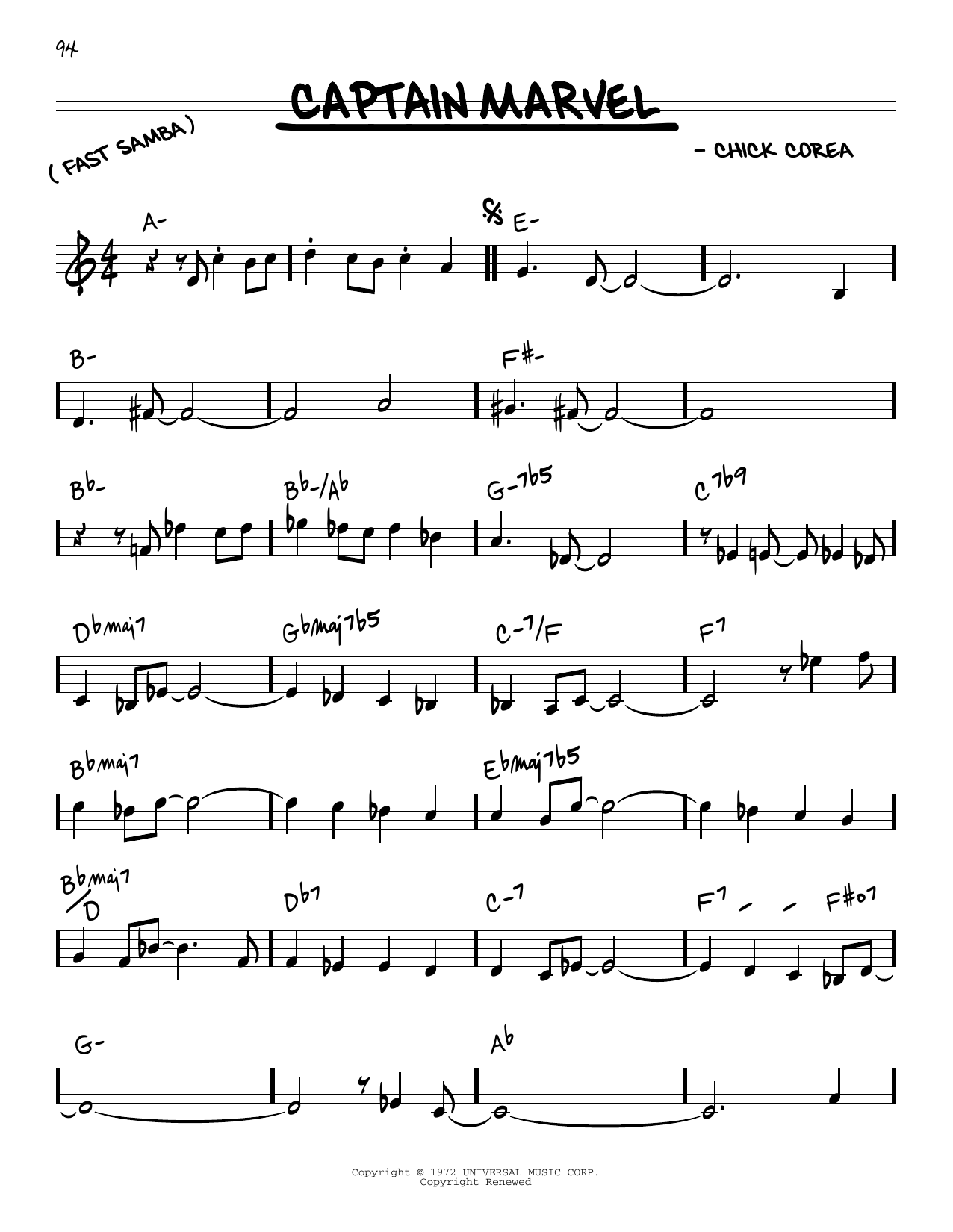 Chick Corea Captain Marvel sheet music notes and chords arranged for Real Book – Melody & Chords – Bb Instruments