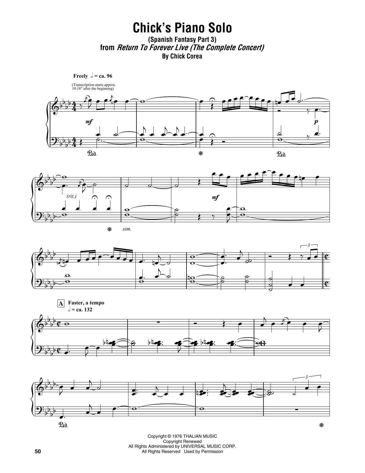 Chick Corea Chick's Piano Solo (Spanish Fantasy Part 3) sheet music notes and chords arranged for Piano Transcription