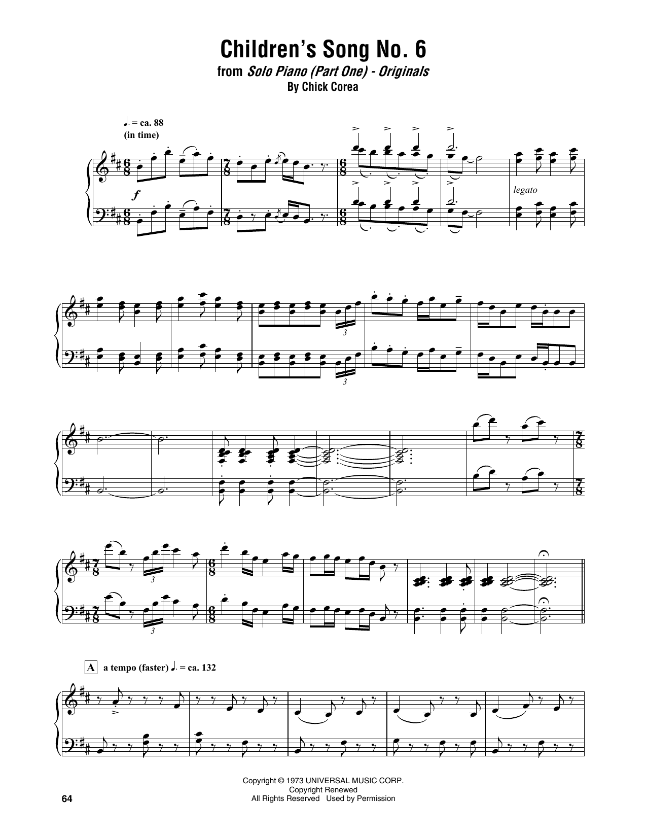 Chick Corea Children's Song No. 6 sheet music notes and chords arranged for Piano Transcription