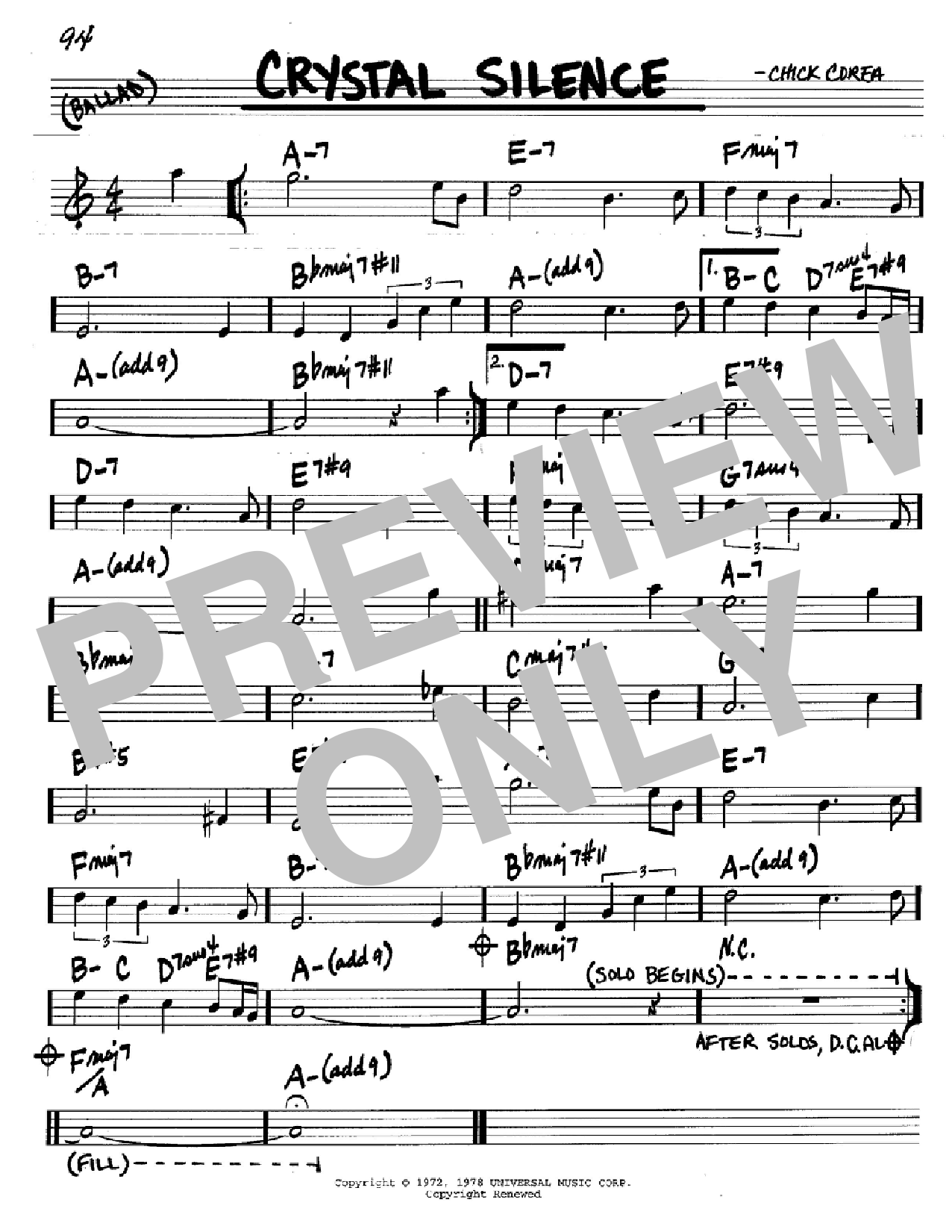 Chick Corea Crystal Silence sheet music notes and chords arranged for Real Book – Melody & Chords – C Instruments