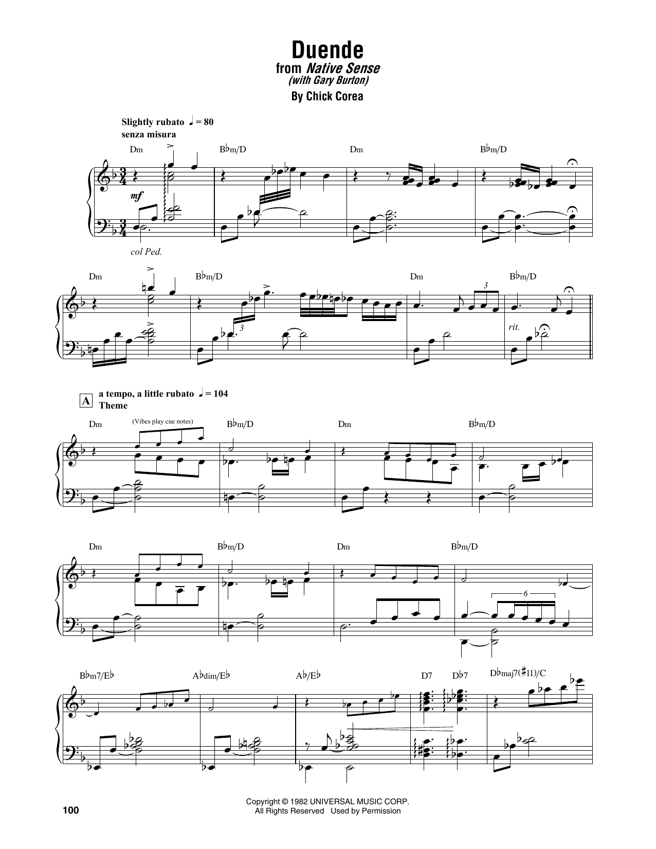 Chick Corea Duende (with Gary Burton) sheet music notes and chords arranged for Piano Transcription