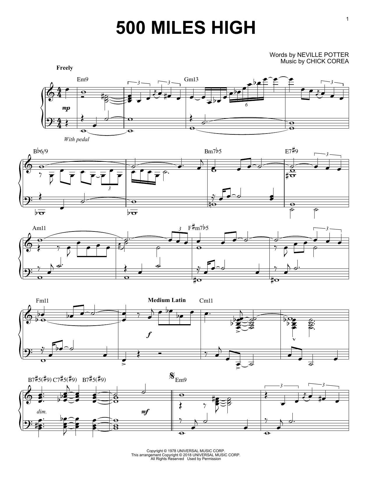 Chick Corea Elektric Band 500 Miles High sheet music notes and chords arranged for Piano Transcription