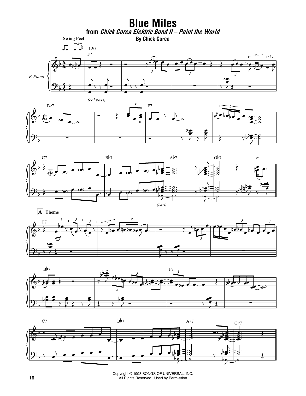 Chick Corea Elektric Band Blue Miles sheet music notes and chords arranged for Piano Transcription
