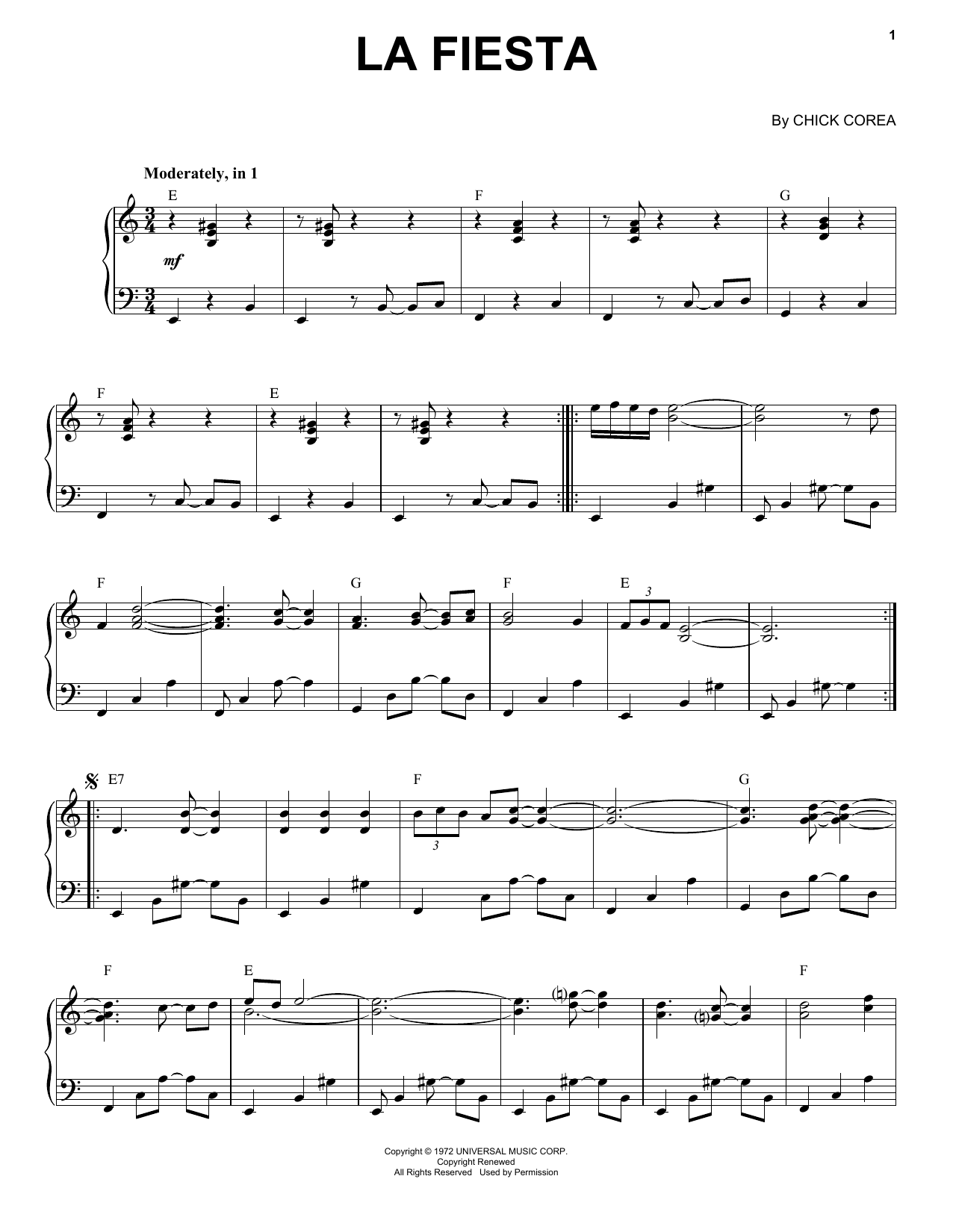 Chick Corea La Fiesta sheet music notes and chords arranged for Real Book – Melody & Chords