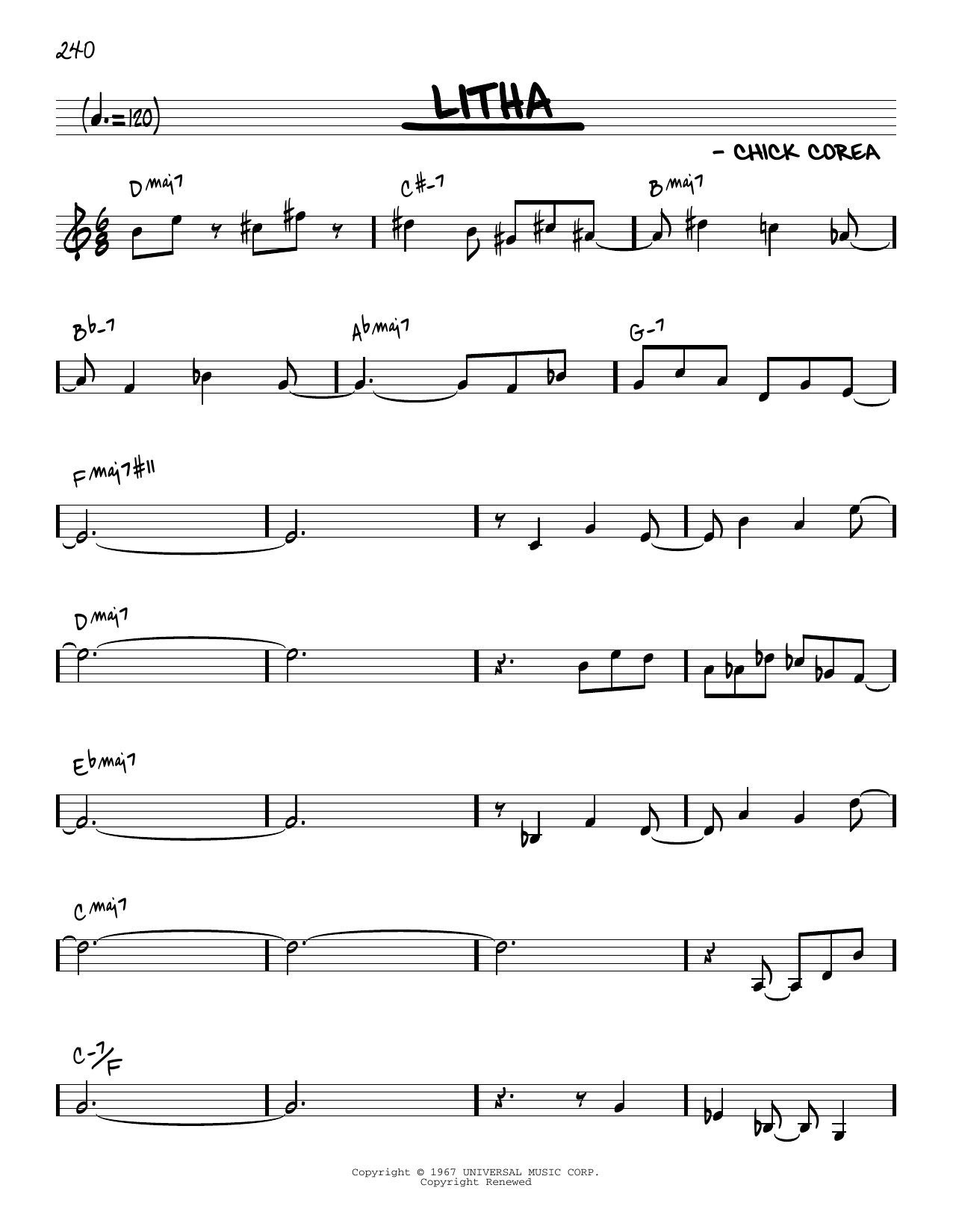 Chick Corea Litha [Reharmonized version] (arr. Jack Grassel) sheet music notes and chords arranged for Real Book – Melody & Chords