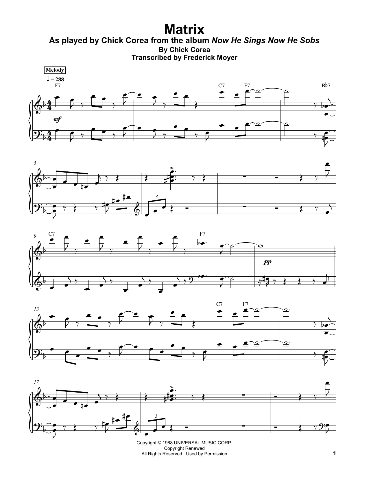 Chick Corea Matrix sheet music notes and chords arranged for Piano Transcription